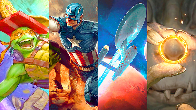 Michaelangelo grabs some grub via Michelangelo, the Heart (Card #005), Magic: The Gathering - Teenage Mutant Ninja Turtles Eternal (2026), Wizards of the Coast. Art by Néstor Ossandón Leal. Steve Rogers knocks out a Hydra goon via Captain America, Super-Solider (Card #TBA), Magic: The Gathering - Marvel Super Heroes (2026), Wizards of the Coast. Art by Anna Podedworna. Captain Kirk and his crew blast off via Starship Enterprise (Card #TBA), Magic: The Gathering - Star Trek (2026), Wizards of the Coast. Art by Dofresh. Smeagol faces The One Ring's temptation via My Precious (Card #TBA) Magic: The Gathering – The Hobbit (2026), Wizards of the Coast. Art by Valera Lutfullina.