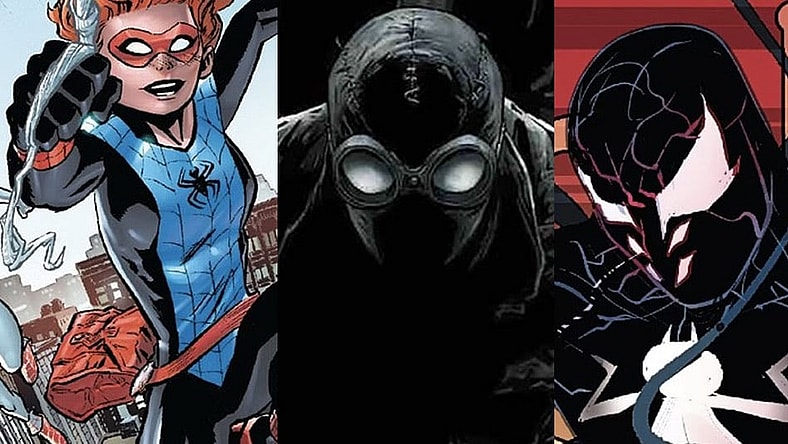 Split image of Spiderling, Spider Man Noir and Spider's Shadow