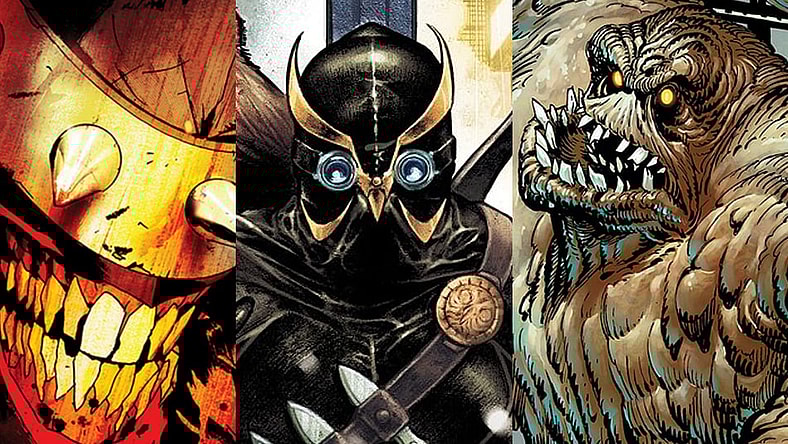 Split image of The Batman Who Laughs, Talon and Clayface