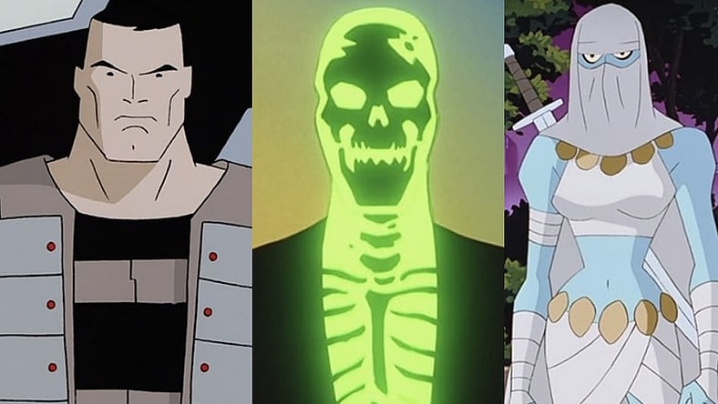 Split image of Mad Stan, Blight and Curare from Batman Beyond