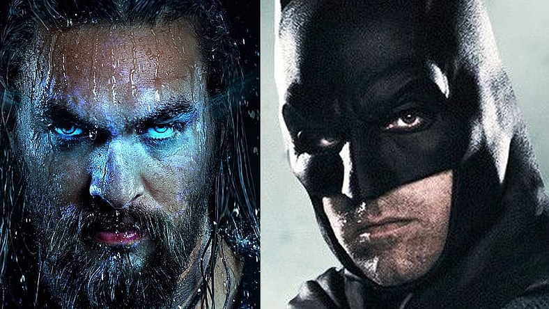 Split image of Aquaman and Batman from the DCEU