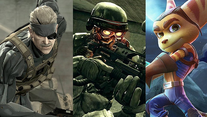 Split image of Metal Gear Solid 4, Killzone 2 and Ratchet & Clank