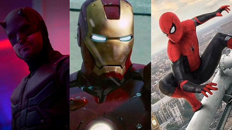 Split image of Daredevil, Iron Man and Spider-Man from the MCU