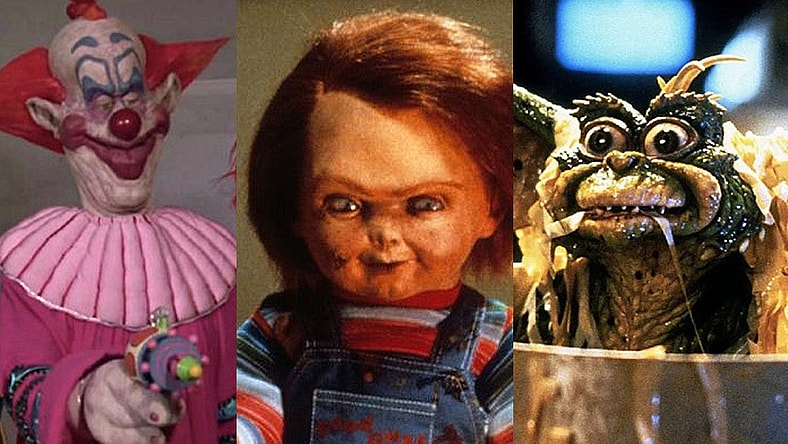 Split image of Killer Clowns, Chucky and a Gremlin