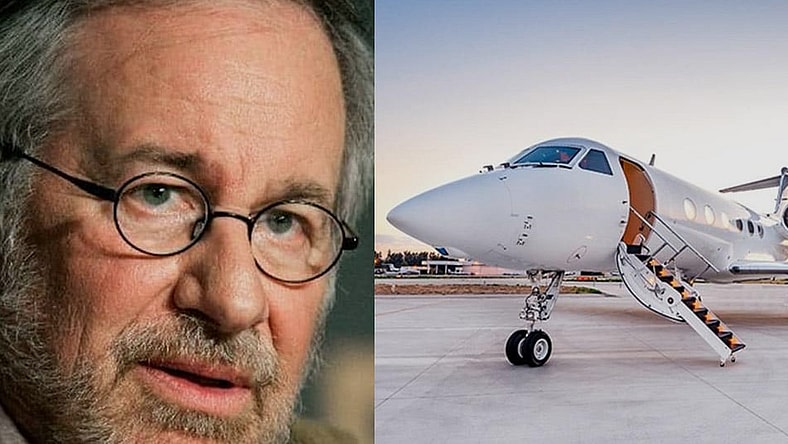 Split image of Steven Spielberg and his private jet