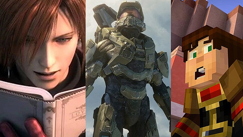 Split image of Final Fantasy, Halo and Minecraft