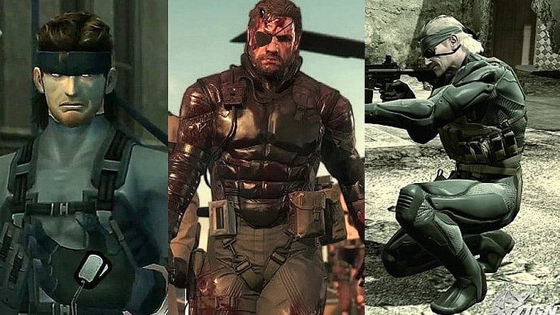 Split image of Metal Gear Solid: The Twin Snakes, Metal Gear Solid V: The Phantom Pain, and Metal Gear Solid 4: Guns of the Patriots, Konami