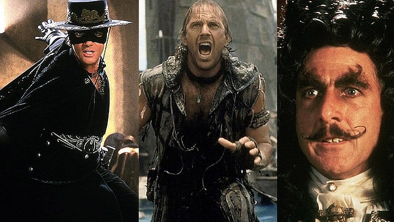 Split image of The Mask of Zorro, Waterworld and Hook