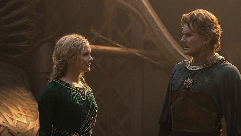 Morfydd Clark as Galadriel, Charles Edwards as Celebrimbor in 'The Lord of the Rings: The Rings of Power' (2022), Amazon Prime