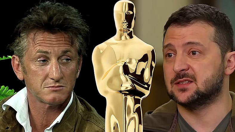 Split image of Sean Penn, an Oscar, and Volodymyr Zelensky