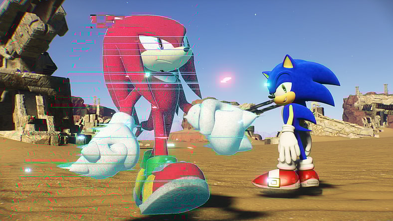 Sonic the Hedgehog looks smugly at a holographic Knuckles in Sonic Frontiers