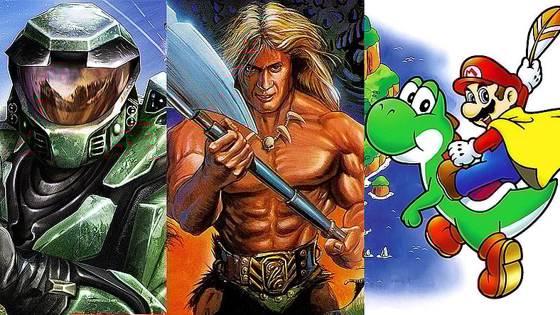 Split image of Halo, Golden Axe and Super Mario World box art