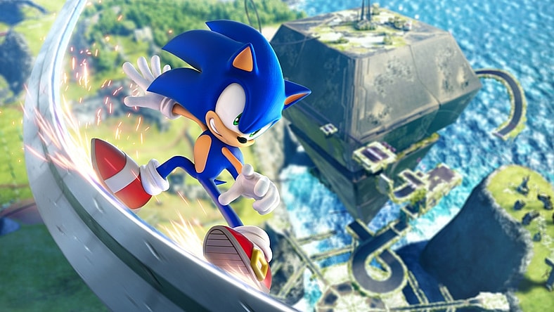 Sonic the Hedgehog grinds on a rail in Sonic Frontiers