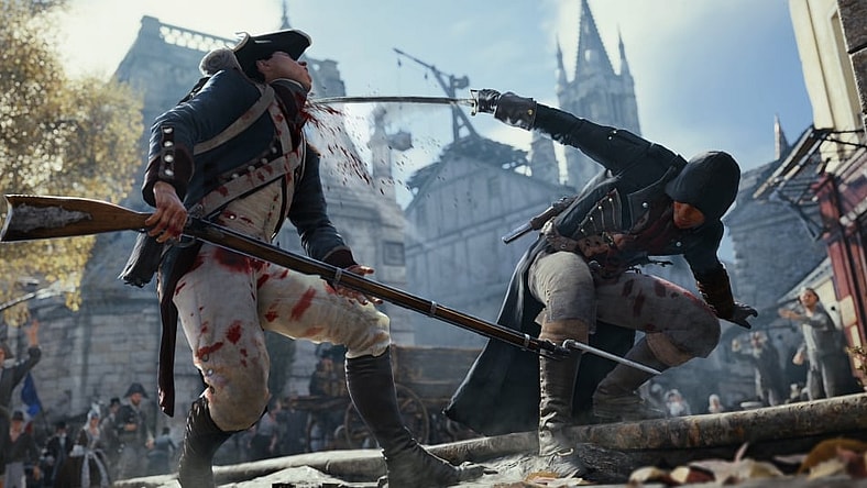 Arno Dorian slices the throat of a french guard via Assassin's Creed Unity (2014), Ubisoft