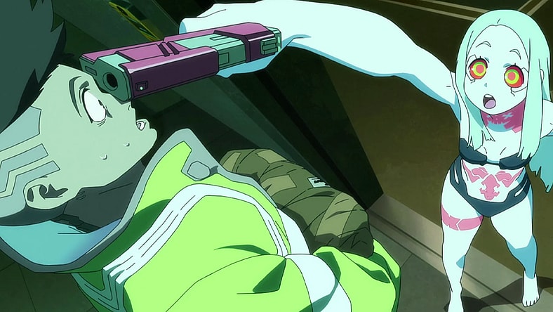 David (Kenn) prepares to receive training from Rebecca (Tomoyo Kurosawa) in Cyberpunk: Edgerunners Season 1 Episode 4 "Lucky You" (2022), Trigger via Netflix