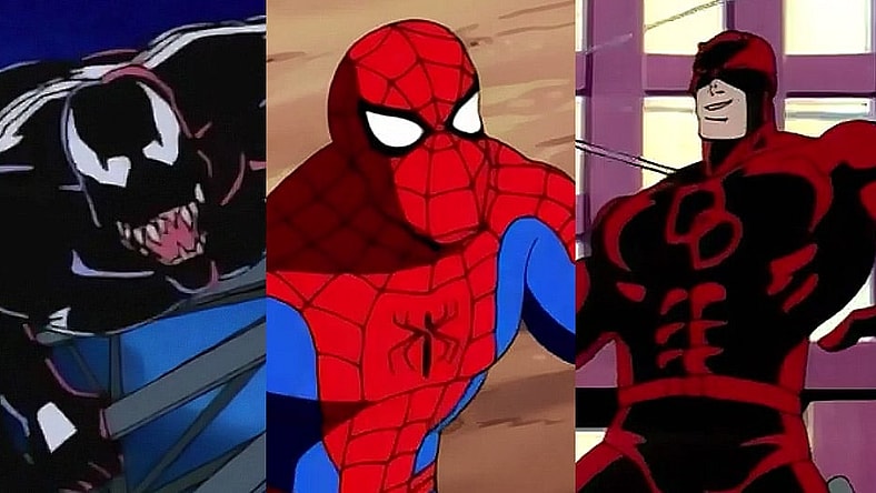 Split image of Venom, Spider-Man and Daredevil from 'Spider-Man: The Animated Series' (1994), Marvel Entertainment Group