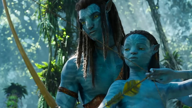 Jake Sully (Sam Worthington) teaches his son Neteyam (Jamie Flatters" how to shoot a bow in Avatar: The Way of Water (2022), Disney via YouTube