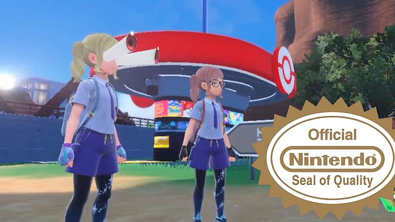 A bug from Pokémon Scarlet & Violet- as shown by @kocha8164- of another player's eye bulge out of their head. The Official Nintendo Seal of Quality (via the Nintendo Fandom Wiki) has been edited onto the corner.