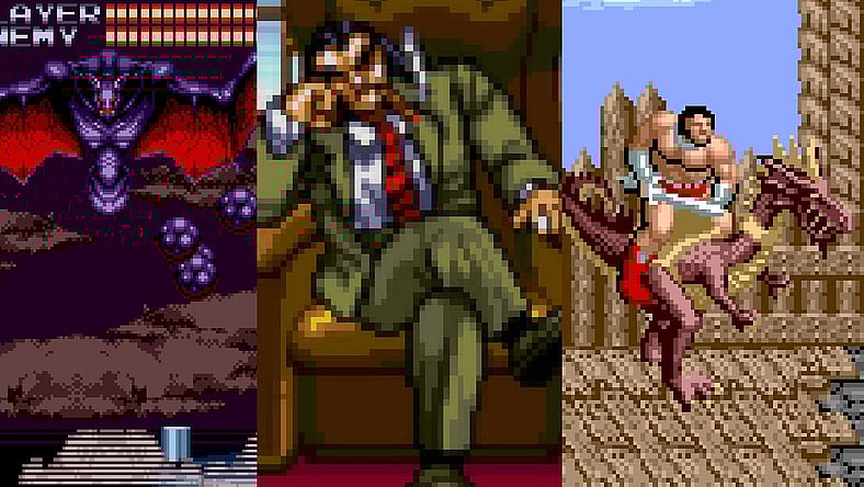 Split image of hacked roms for Castlevania: Bloodlines, Streets of Rage 2, and Golden Axe on Sega Genesis