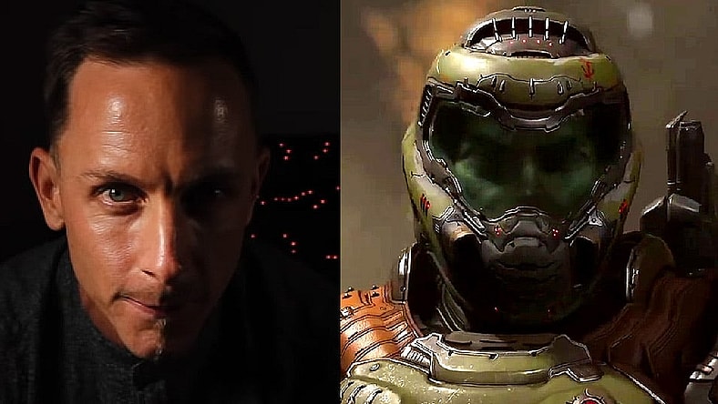 Split image of Mick Gordon and the Doomslayer from DOOM Eternal (2020), id Software