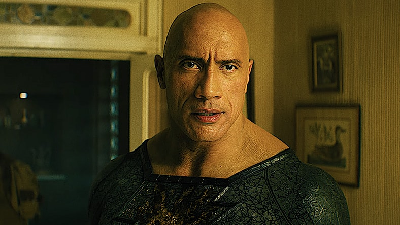 Black Adam (Dwayne Johnson) and Hawkman (Aldis Hodge) are about to settle their differences in Black Adam (2022), Warner Bros. Pictures