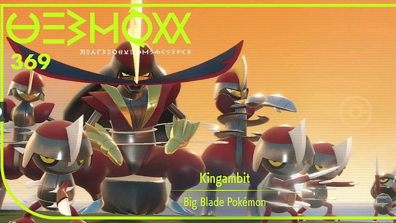 A Pokedex photo showing Kingambit flanked by Bisharp and Pawniard via Pokémon Scarlet & Violet (2022), Nintendo