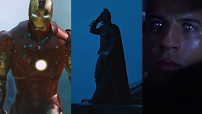 Split image of Iron Man, The Dark Knight and Pitch Black