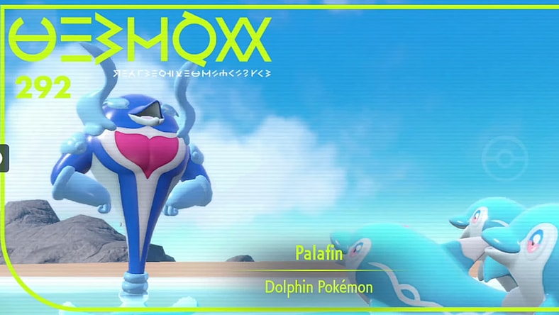 A Pokedex photo showing Palafin being idolized by a group of Finizen via Pokémon Scarlet & Violet (2022), Nintendo