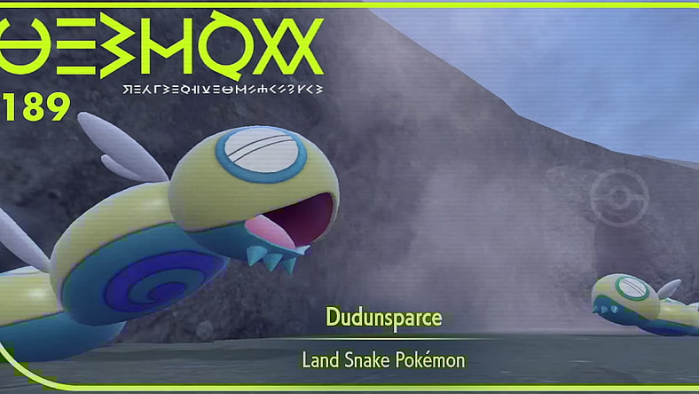 A Pokedex photo of Dudunsparce, showing Two-Segment and Three-Segment forms via Pokémon Scarlet & Violet (2022), Nintendo