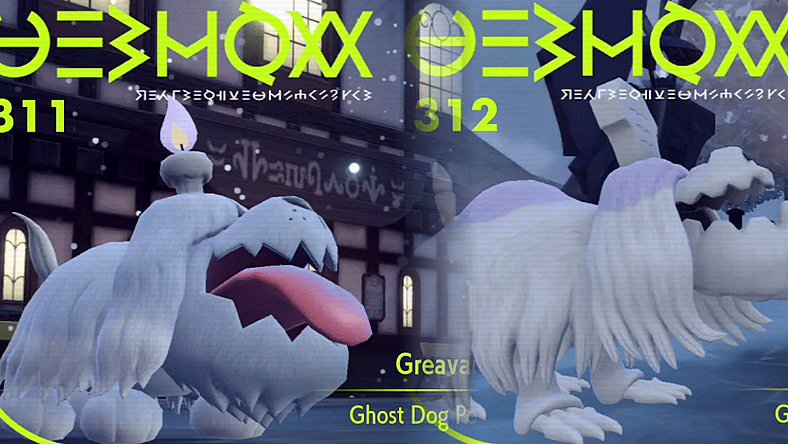 Pokedex photos of Greavard and Houndstone via Pokémon Scarlet & Violet (2022), Nintendo