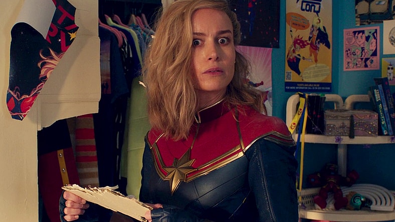 Captain Marvel (Brie Larson) tries to make sense of her recent location-swap in the post-credits scene to Ms. Marvel Season 1 Episode 6 “No Normal” (2022), Marvel Entertainment via Disney Plus