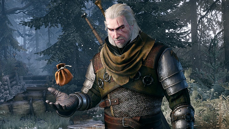 Geralt (Doug Cockle) tosses his coin pouch into the air via The Witcher 3: Wild Hunt (2015), CD Projekt