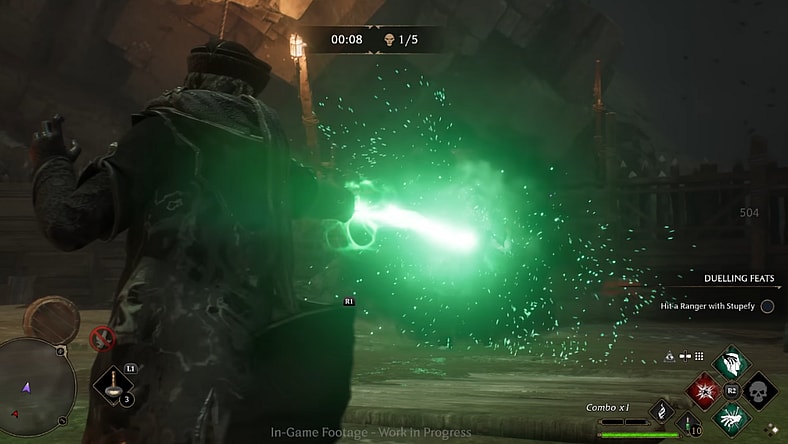 The player casts Avada Kedavra on an Ashwinder Scout in the Dark Arts Battle Arena via Hogwarts Legacy (2022), Warner Bros. Interactive Entertainment