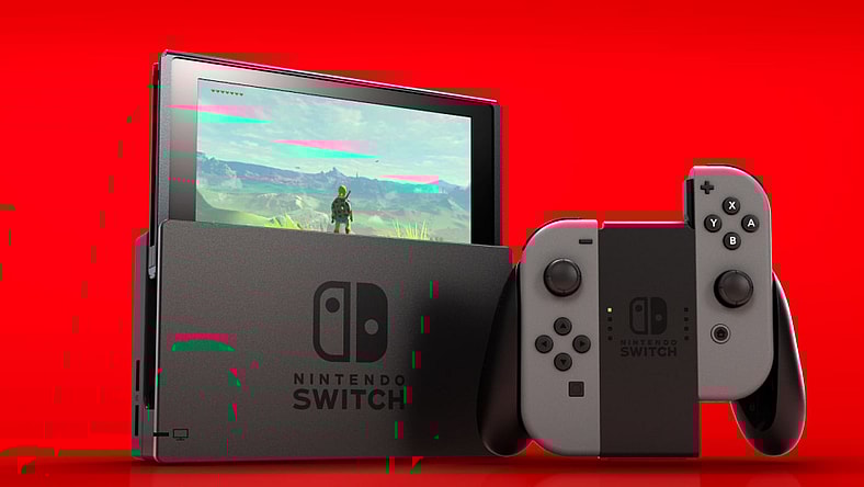 A Nintendo Switch with grey Joy-Cons on a red background. The Legend of Zelda: Breath of the Wild can be seen on the screen via Nintendo