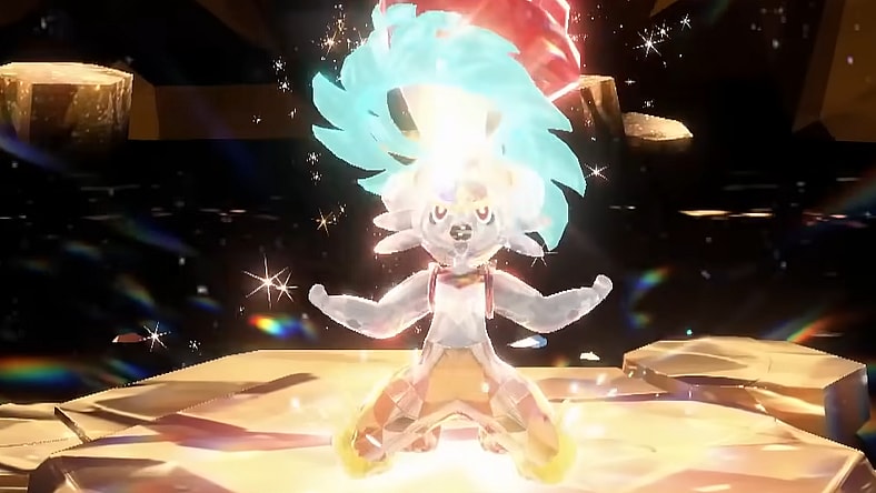 A Tera-Fighting Cinderace yells in defiance at the start of a Tera Raid Battle in Pokémon Scarlet & Violet (2022), Nintendo