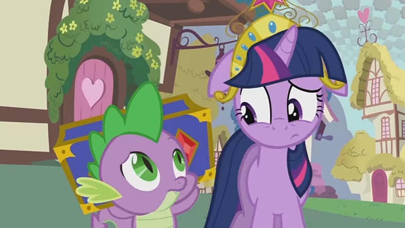Twilight Sparkle and Spike shoot each other looks of concern and confusion via My Little Pony: Friendship is Magic - 'What My Cutie Mark is Telling Me' Music Video, YouTube