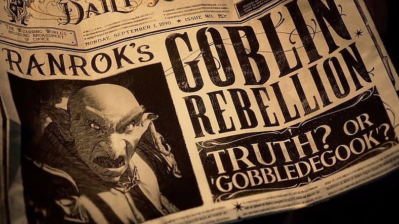 The Daily Prophet reports on the alleged goblin rebellion orchestrated by Ranrok via Hogwarts Legacy (2022), Warner Bros. Interactive Entertainment