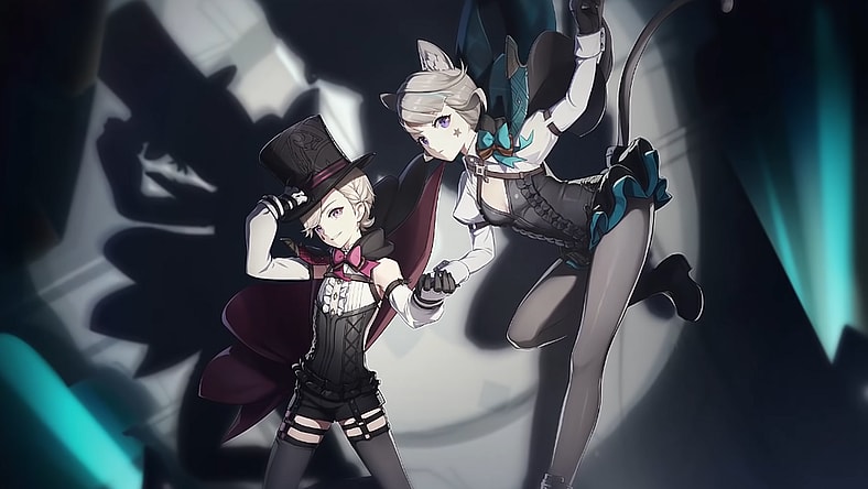 A pair of characters from the upcoming Fontaine region, possibly named Lyney and Lynette via Genshin Impact (2020), miHoYo