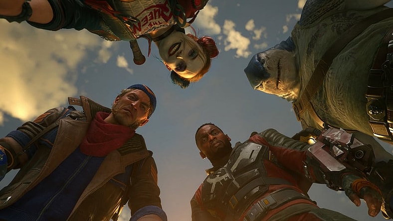 Harley Quinn, King Shark, Deadshot, and Captain Boomerang stare downwards via Suicide Squad: Kill the Justice League (2023), Rocksteady Games
