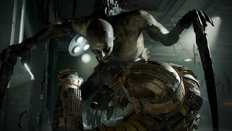 A Slasher Necromorph pins Isaac Clarke to the ground via Dead Space (2023), Electronic Arts