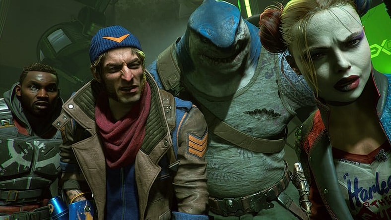Deadshot, Captain Boomerang, King Shark, and Harley Quinn stare on in various states of confusion and shock via Suicide Squad: Kill the Justice League (2023), Rocksteady Games