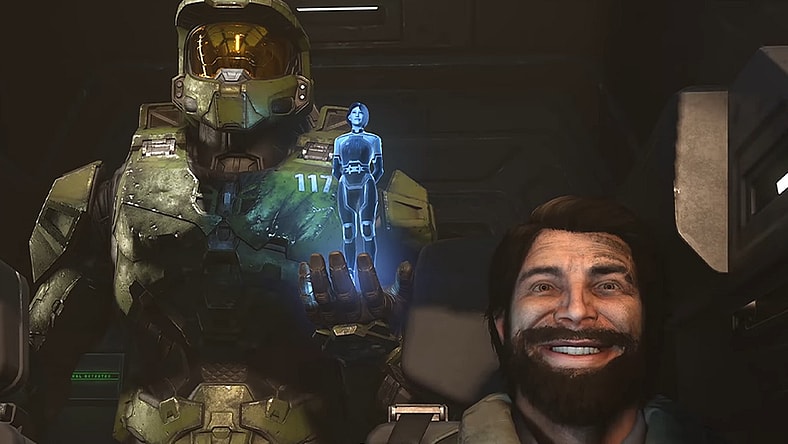 Master Chief (Bruce Thomas), Cortana (Jennifer Taylor) and Fernando Esparza (Nicholas Roye) look toward their next adventure in the ending to Halo Infinite (2021), 343 Industries