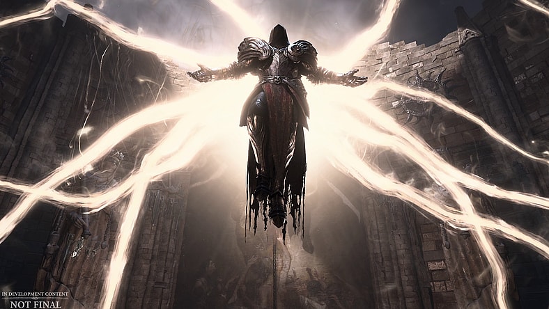 The angel Inarius (Gabe Kunda) unleashes his divine power in Diablo IV (2023), Blizzard Entertainment