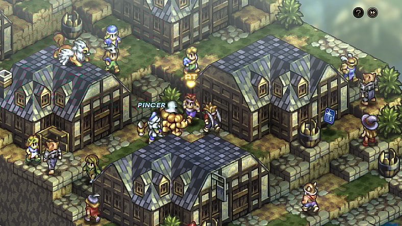 The player's party fights off foes- human and monster alike- within a village via Tactics Ogre: Reborn (2022), Square Enix