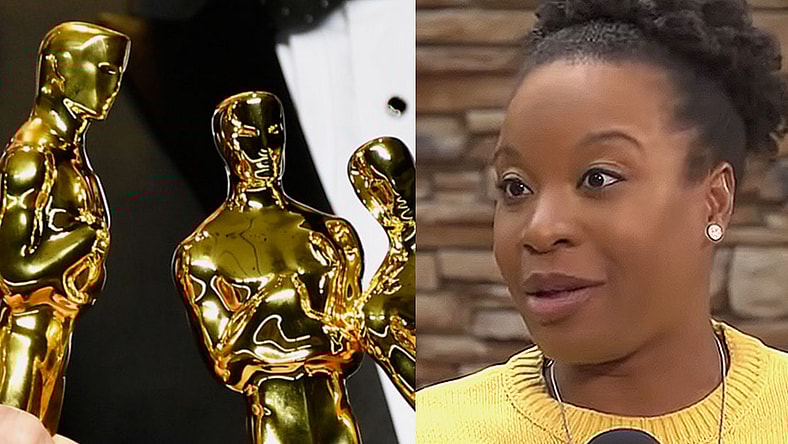 Split image of the Oscar statuettes and director Chinonye Chukwu