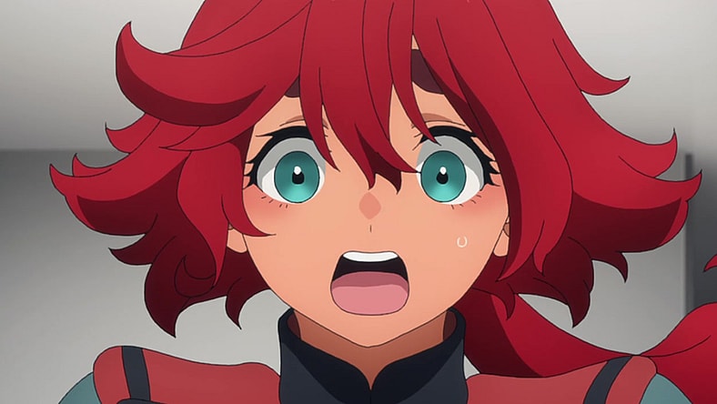 Suletta (Kana Ichinose) is shocked in Mobile Suit Gundam: The Witch from Mercury Episode 2 "Cursed Mobile Suit" (2022), Bandai Namco Filmworks