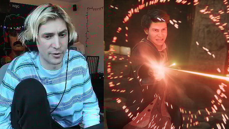 xQC alongside the protagonist of Hogwarts Legacy