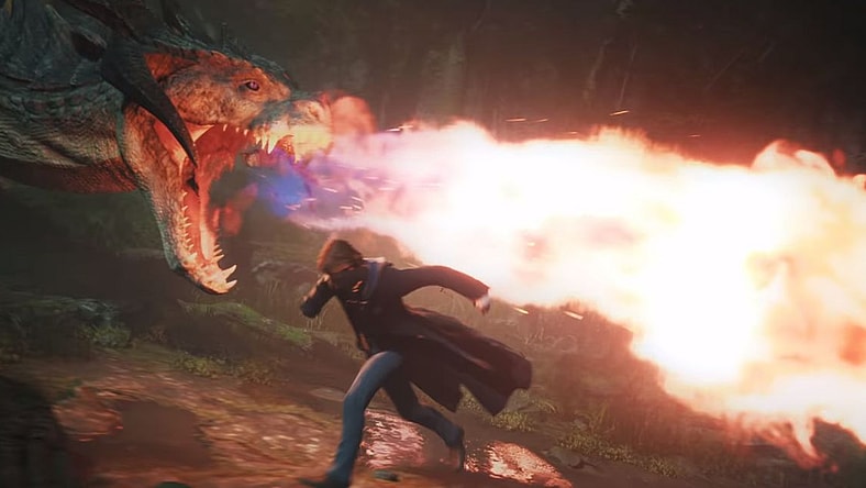 The player narrowly dodges a dragon’s fiery breath via Hogwarts Legacy (2022), Warner Bros. Interactive Entertainment