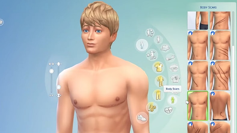 A Sim being customized, with top surgery scars via The Sims 4 (2014), Electronic Arts