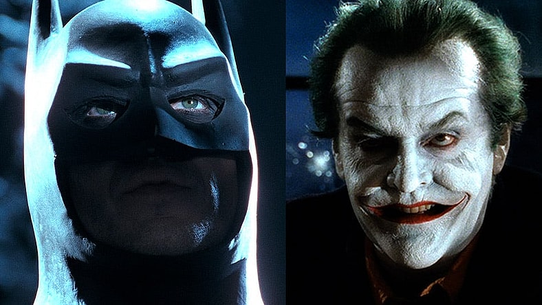 Split image of Batman and the Joker from 'Batman' (1989), Warner Bros.